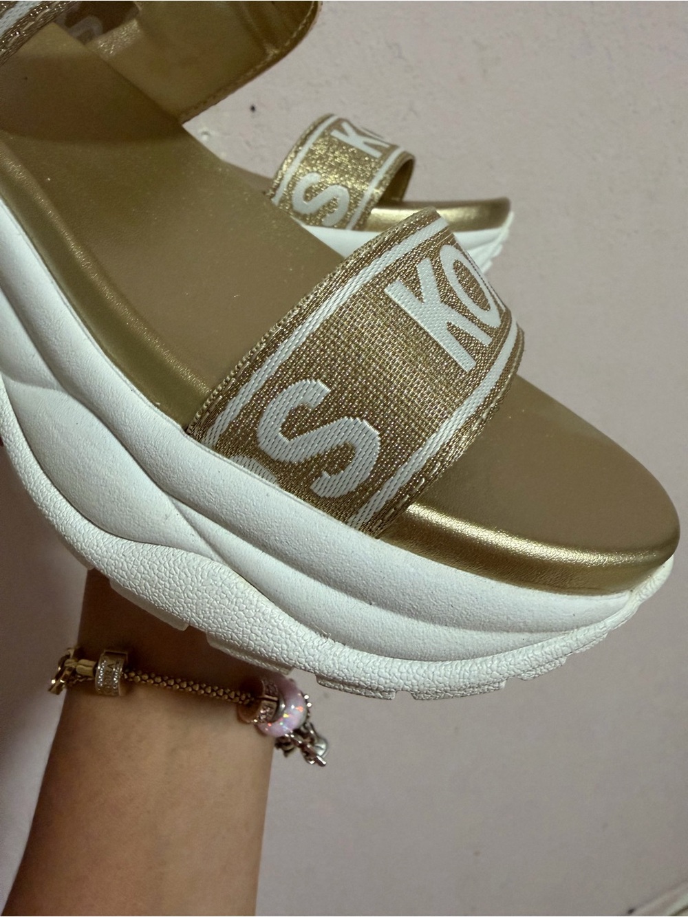 Michael Kors Gold Logo Strap Platform Sandals with White Sole - Picture 3 of 7